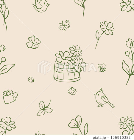 Whimsical seamless floral pattern with birds and leaves. Hand drawn outline illustration Whimsical seamless floral pattern with birds and leaves. Hand drawn outline illustration 136910382