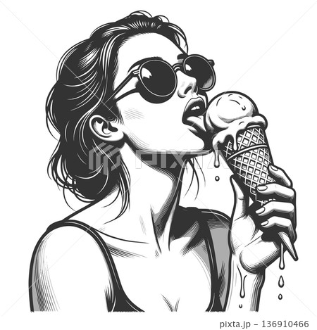 Girl in sunglasses licking melting ice cream Girl in sunglasses licking melting ice cream 136910466