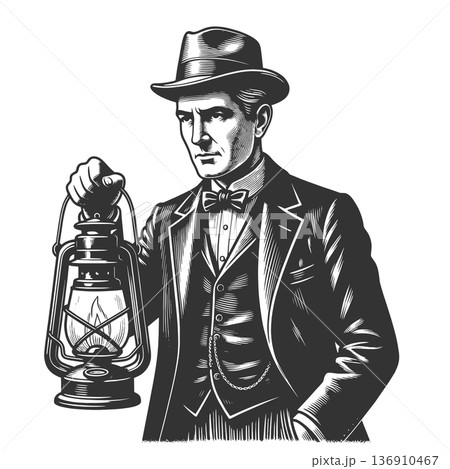 Victorian Gentleman Holding Lantern at Night Victorian Gentleman Holding Lantern at Night 136910467