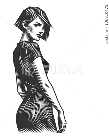 Stylish woman with bob haircut fashion pose 136910478