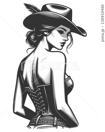 cowgirl portrait in cowboy hat engraving raster cowgirl portrait in cowboy hat engraving raster 136910480