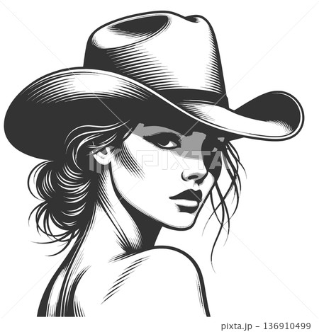 cowgirl portrait in cowboy hat engraving raster cowgirl portrait in cowboy hat engraving raster 136910499