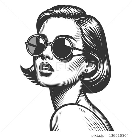 Retro woman in round sunglasses line art raster Retro woman in round sunglasses line art raster 136910504