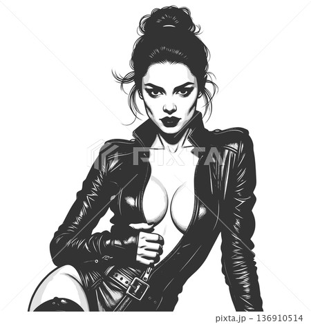 Fashion Woman in unzipped leather jacket art Fashion Woman in unzipped leather jacket art 136910514
