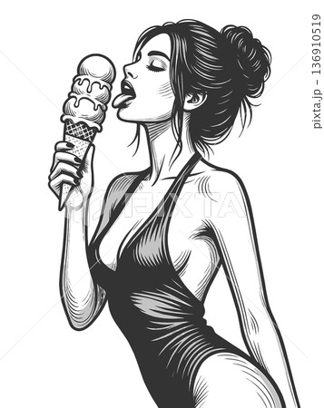 woman licking ice cream engraving sketch vector woman licking ice cream engraving sketch vector 136910519
