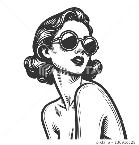 Retro woman in round sunglasses line art raster Retro woman in round sunglasses line art raster 136910529