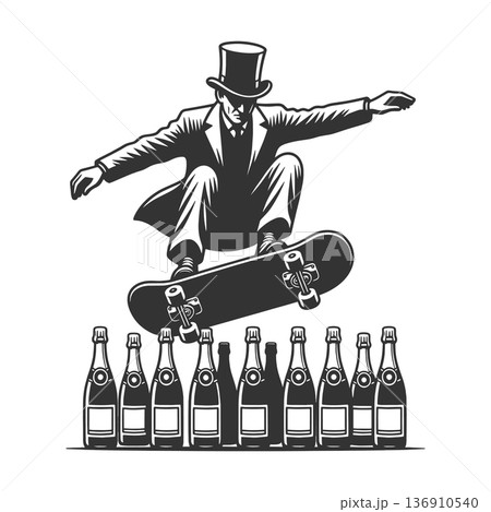 Man top hat skateboarding over champagne bottles 136910540