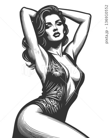 Glamorous pinup woman in bodysuit engraving vector 136910552
