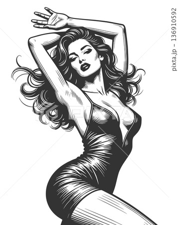Pinup woman posing in tight dress vector 136910592
