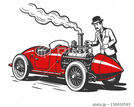 red rocket car with gentleman mechanic vector 136910593
