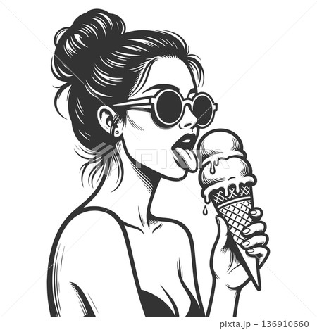 Girl in sunglasses licking melting ice cream Girl in sunglasses licking melting ice cream 136910660