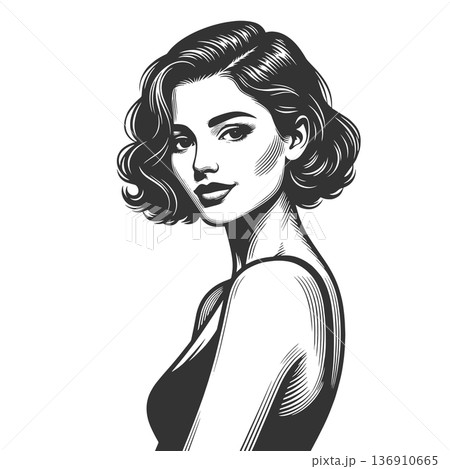 Retro short hair woman portrait engraving vector Retro short hair woman portrait engraving vector 136910665