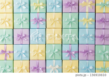 Colorful Pastel Gift Boxes Grid Pattern With Satin Ribbon Bows Top View Flat Lay Colorful Pastel Gift Boxes Grid Pattern With Satin Ribbon Bows Top View Flat Lay 136910810