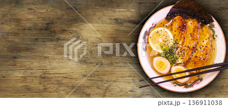 Japanese Chicken Ramen Noodle Soup Background for Banner or Menu Header 136911038