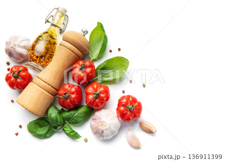 Fresh tomatoes basil olive oil garlic and pepper grinder Fresh tomatoes basil olive oil garlic and pepper grinder 136911399