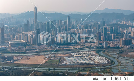 Lok Ma Chau Loop development zone near Shenzhen skyline Feb 18 2026 136911512