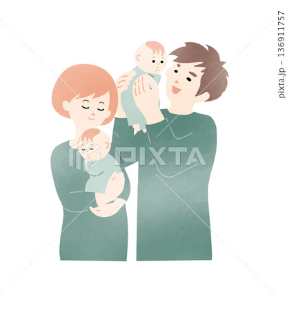 笑顔で双子の赤ちゃんをだっこするママとパパ 136911757