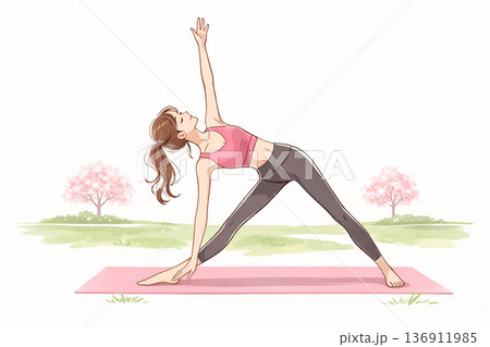 桜が咲く公園でヨガをする20代女性 桜が咲く公園でヨガをする20代女性 136911985
