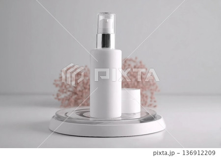Container for cream, shampoo, toiletries, spa. Unbranded white plastic bottles. Bottle with a dispenser for cosmetic products. Skin care and beauty concept. Mockup style, copy space 136912209