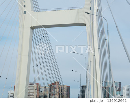 Cable stayed bridge structure with support cables against light sky background. Modern highway infrastructure architectural design. 136912661