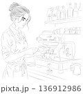 Professional female barista preparing espresso shot with coffee machine in cafe line art. 136912986