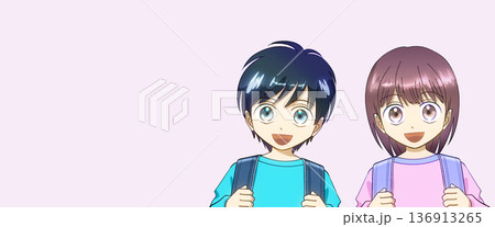 ランドセルを背負った小学生、男の子と女の子のアニメ風イラスト 136913265