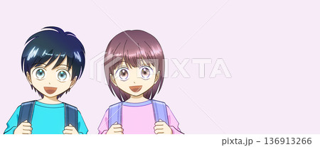 ランドセルを背負った小学生、男の子と女の子のアニメ風イラスト 136913266