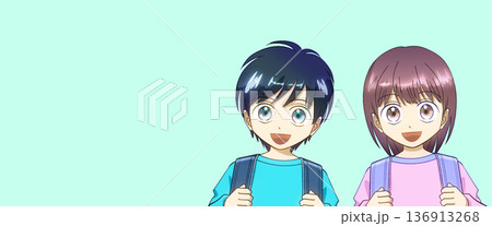 ランドセルを背負った小学生、男の子と女の子のアニメ風イラスト ランドセルを背負った小学生、男の子と女の子のアニメ風イラスト 136913268