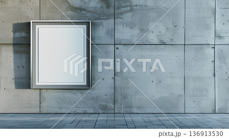 mockup of an empty, blank poster frame on the side wall of a grey concrete building, with natural daylight, minimalistic, clean mockup of an empty, blank poster frame on the side wall of a grey concrete building, with natural daylight, minimalistic, clean 136913530