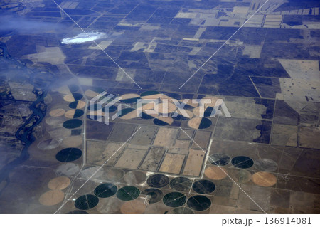 Agriculture circular irrigation circles aerial view in peninsula valdes panorama from airplane window 136914081