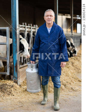 Man farmer carrying milk can in cowhouse Man farmer carrying milk can in cowhouse 136914114