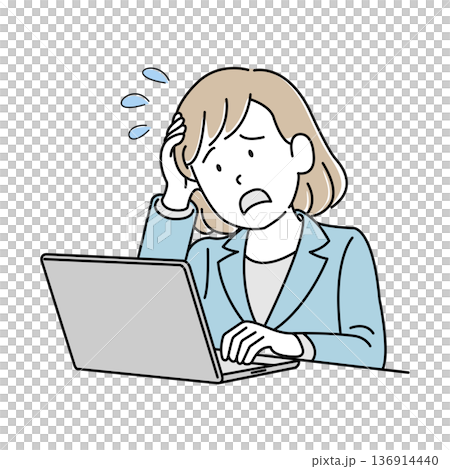 A woman holding her head in front of a personal computer 136914440