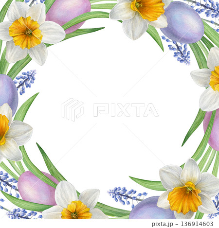 Easter frame. Watercolor of white daffodils with yellow-orange center, leaves and pink and blue eggs on a white background. Good for invitations, greeting cards, spring decor and wedding design Easter frame. Watercolor of white daffodils with yellow-orange center, leaves and pink and blue eggs on a white background. Good for invitations, greeting cards, spring decor and wedding design 136914603
