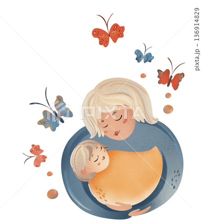 Tender blonde mother cuddling her baby. Loving embrace with flying butterflies. For Mother's Day, baby shower, nursery decor, textiles, wallpaper, kids bedding, baby announcements, greeting cards Tender blonde mother cuddling her baby. Loving embrace with flying butterflies. For Mother's Day, baby shower, nursery decor, textiles, wallpaper, kids bedding, baby announcements, greeting cards 136914829
