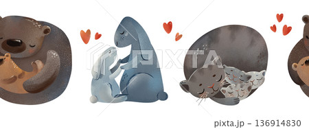 Seamless pattern with cute cuddling animal mothers and babies. Bear with cub, bunny hugging kit, cat family snuggling. Perfect for nursery, baby shower, textiles, wallpaper, kids bedding, fabric, card Seamless pattern with cute cuddling animal mothers and babies. Bear with cub, bunny hugging kit, cat family snuggling. Perfect for nursery, baby shower, textiles, wallpaper, kids bedding, fabric, card 136914830