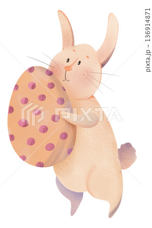 Cute children's illustration of an adorable Easter bunny playfully rolling a large purple egg. Perfect for holiday cards, nursery decor, spring greetings, kids' books, and Easter designs Cute children's illustration of an adorable Easter bunny playfully rolling a large purple egg. Perfect for holiday cards, nursery decor, spring greetings, kids' books, and Easter designs 136914871