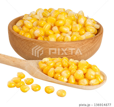 corn seeds in wooden bowl and spoon isolated on white background with full depth of field corn seeds in wooden bowl and spoon isolated on white background with full depth of field 136914877