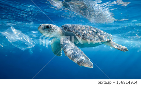 Sea turtle swimming next to plastic bag in clear blue ocean, concept of marine pollution, environmental protection and marine fauna crisis Sea turtle swimming next to plastic bag in clear blue ocean, concept of marine pollution, environmental protection and marine fauna crisis 136914914