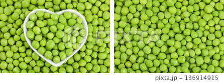 Fresh green peas in white ceramic bowl as a background. Top view. Flat lay Fresh green peas in white ceramic bowl as a background. Top view. Flat lay 136914915