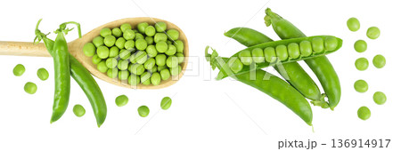 Fresh green peas in wooden spoon isolated on white background. Top view. Flat lay Fresh green peas in wooden spoon isolated on white background. Top view. Flat lay 136914917