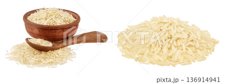 rice basmati in a ceramic bowl and wooden spoon isolated on white background rice basmati in a ceramic bowl and wooden spoon isolated on white background 136914941