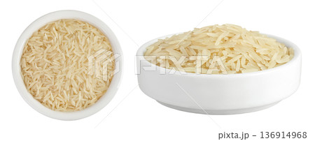 rice basmati in a ceramic bowl isolated on white background. Top view. Flat lay rice basmati in a ceramic bowl isolated on white background. Top view. Flat lay 136914968