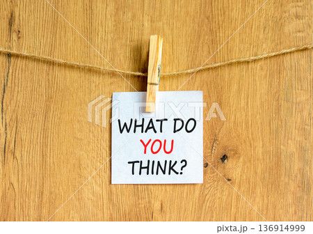 Support, help what do you think symbol. Concept words What do you think on beautiful white paper on wooden clothespins. Beautiful wooden background. Business what do you think concept. Copy space. 136914999