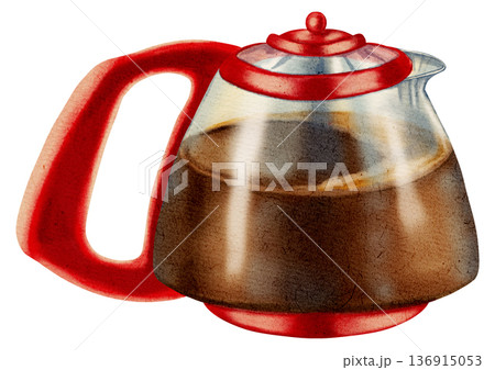 Hand painted watercolor illustration of a glass coffee pot with red handle. Illustrations for coffee shops, cafes, packaging, menus. 136915053