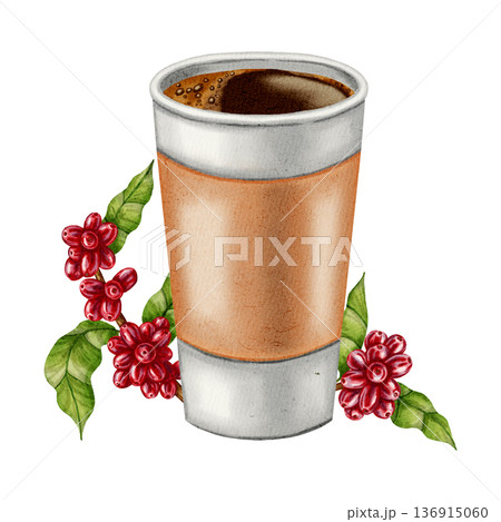 Watercolor illustration of a takeaway coffee cup. Paper cup for to go coffee. Coffee beans and coffee cherries. Illustrations for coffee shops, cafes, packaging, menus, and product design. Watercolor illustration of a takeaway coffee cup. Paper cup for to go coffee. Coffee beans and coffee cherries. Illustrations for coffee shops, cafes, packaging, menus, and product design. 136915060