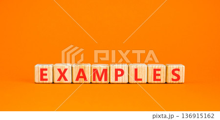 Example examples word symbol. Concept word Examples on beautiful wooden blocks. Beautiful orange background. Business example examples word concept. Copy space. 136915162