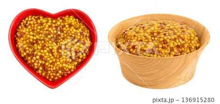 Bowl with french mustard isolated on white background with full depth of field. Top view. Flat lay. 136915280