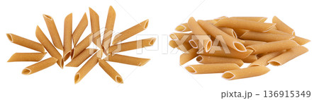 Wolegrain penne pasta from durum wheat isolated on white background with full depth of field. Top view. Flat lay, 136915349