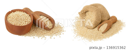 white quinoa seeds in wooden bowl and bag isolated on white background with full depth of field white quinoa seeds in wooden bowl and bag isolated on white background with full depth of field 136915362