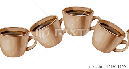 A seamless hand-painted watercolor frame featuring classic coffee cups. Perfect for coffee shops, menu dividers, packaging, and in-store design. A seamless hand-painted watercolor frame featuring classic coffee cups. Perfect for coffee shops, menu dividers, packaging, and in-store design. 136915409